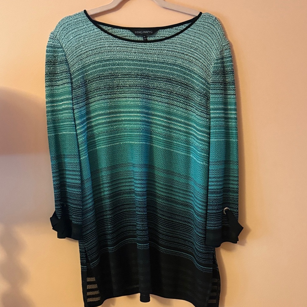 Ming Wang Teal and Black Striped Tunic